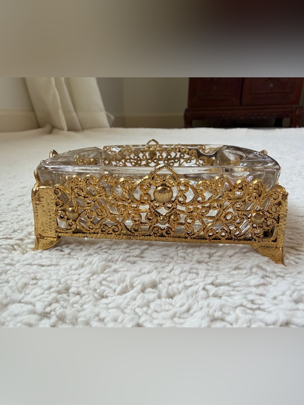 Vintage Ashtray With Gold Tone Ormolu Filigree Footed Stand Hollywood Regency - Picture 11 of 11